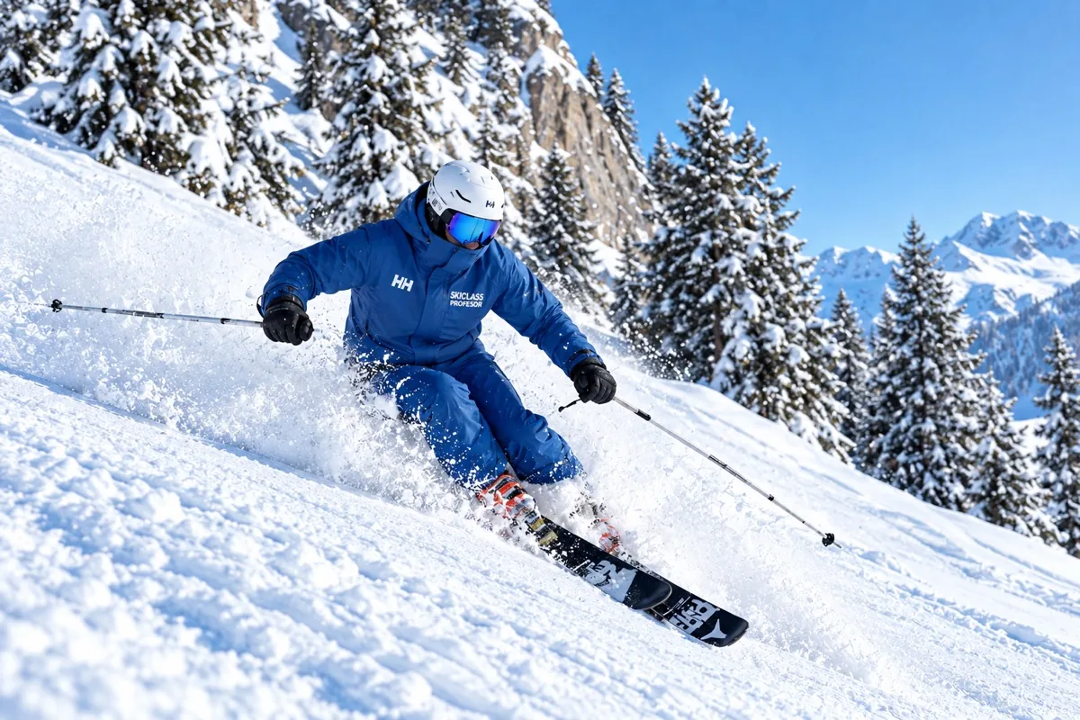 Profesor de SkiClass esquiando en nieve polvo en Baqueira