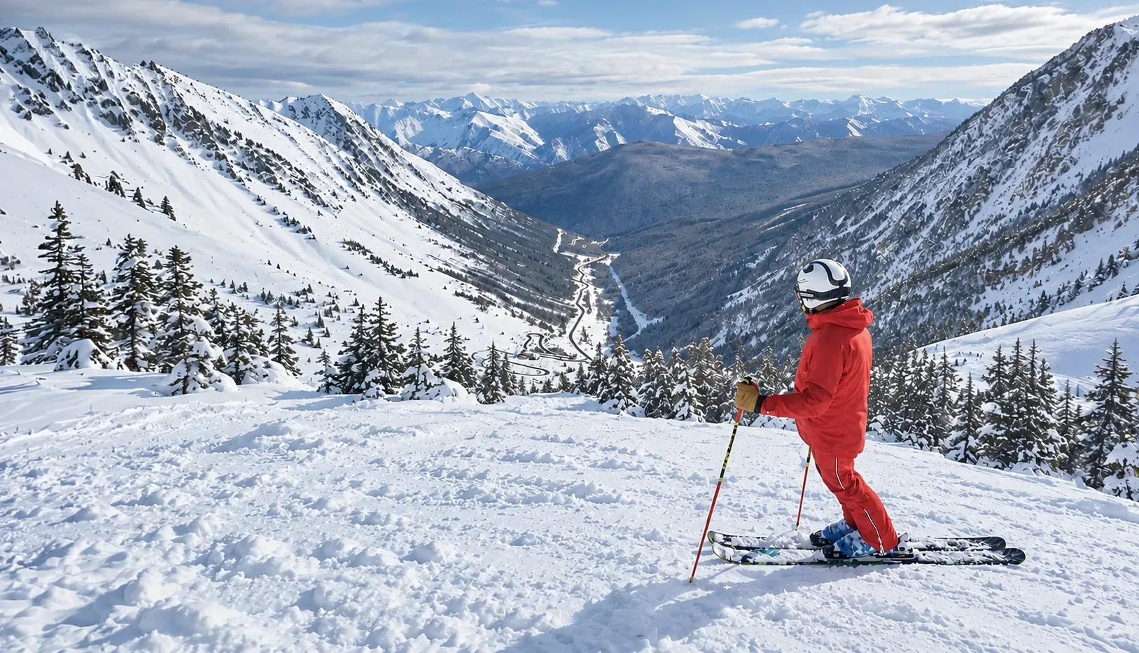 Esquiador contemplando el valle de Arán desde lo alto de las pistas de Baqueira-Beret