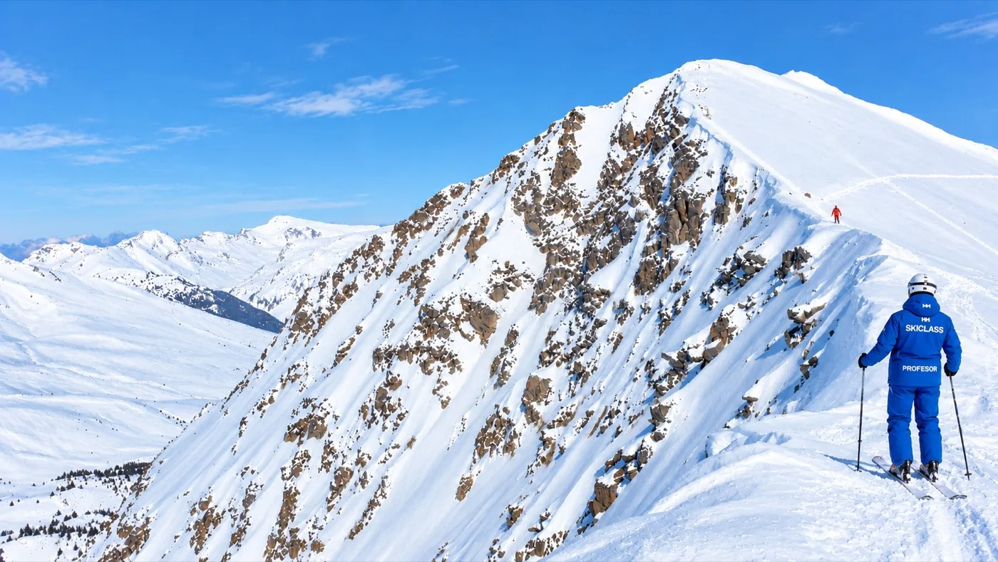 Profesor de freeride de SkiClass en una cresta de Baqueira