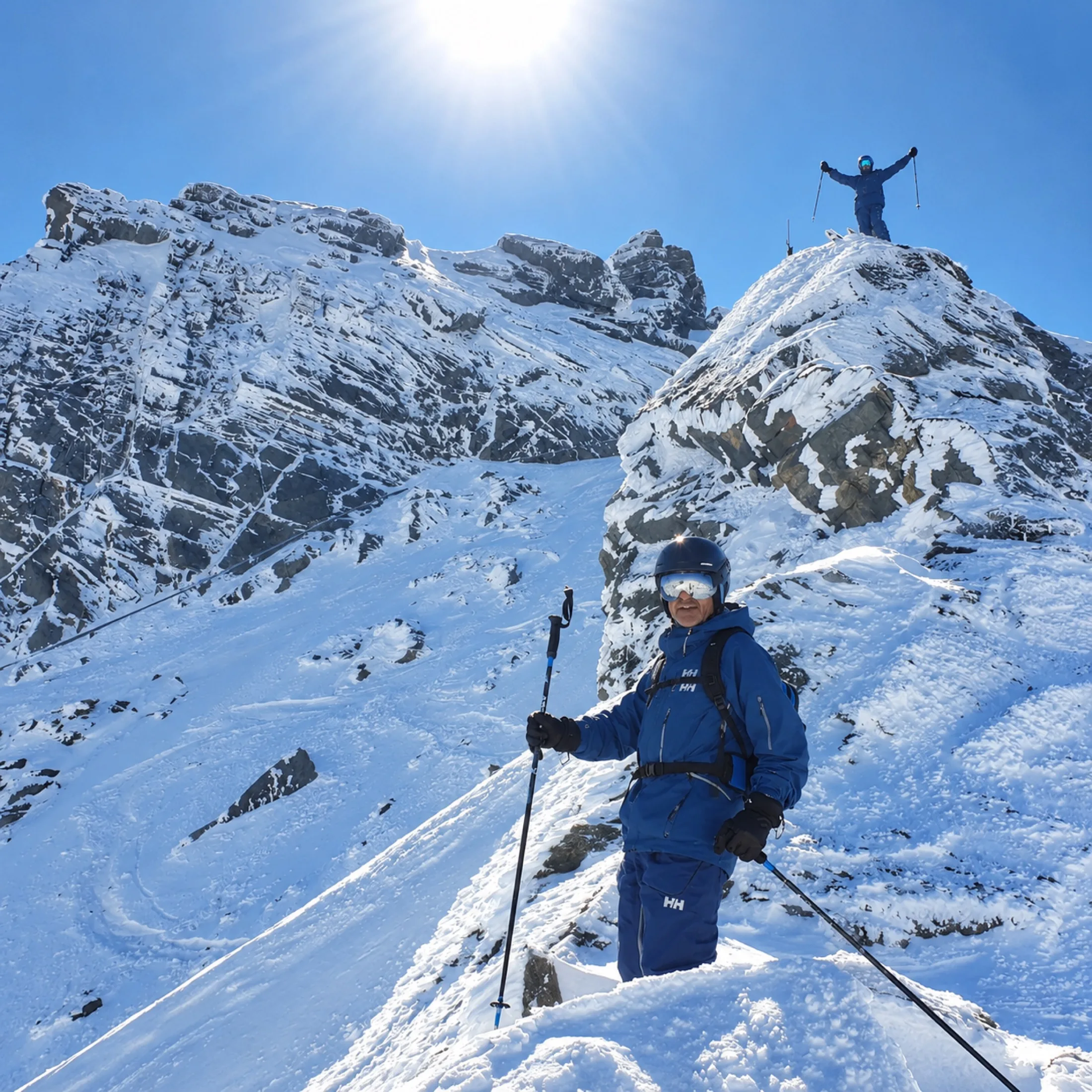 Freeriders au sommet d’une montagne enneigée de Baqueira